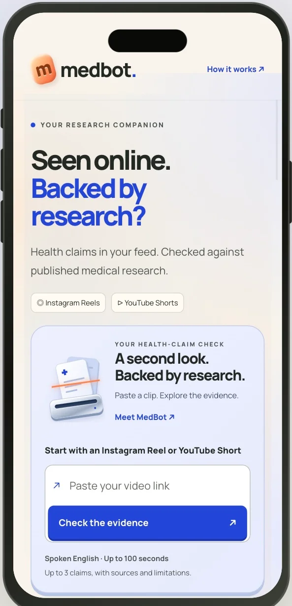MedBot mobile interface: paste a short video link to check its health claims against research